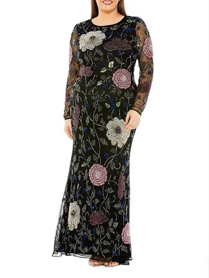 Embroidered Floral Long-Sleeve Column Gown