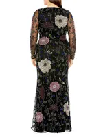 Embroidered Floral Long-Sleeve Column Gown