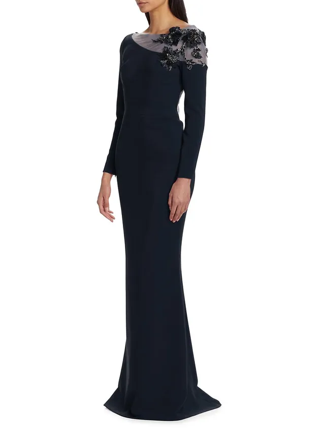Riki Dalal Joan Illusion V-Neck Long-Sleeve Lace Wedding Gown with  Swarovski Crystal Belt