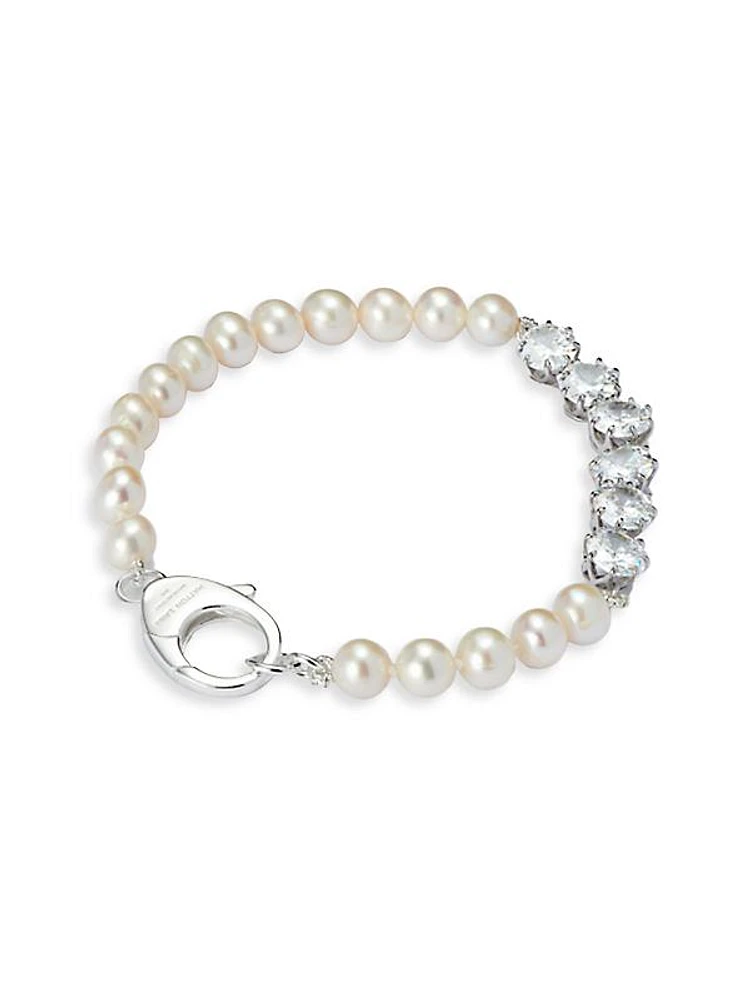 Freshwater Pearl, Cubic Zirconia, & Sterling Silver Tennis Bracelet