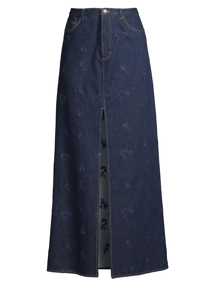 Floral-Embroidered Stretch Denim Maxi Skirt