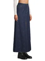 Floral-Embroidered Stretch Denim Maxi Skirt