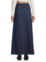 Floral-Embroidered Stretch Denim Maxi Skirt