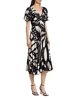 Jacquard Twisted Flutter-Sleeve Midi Dress