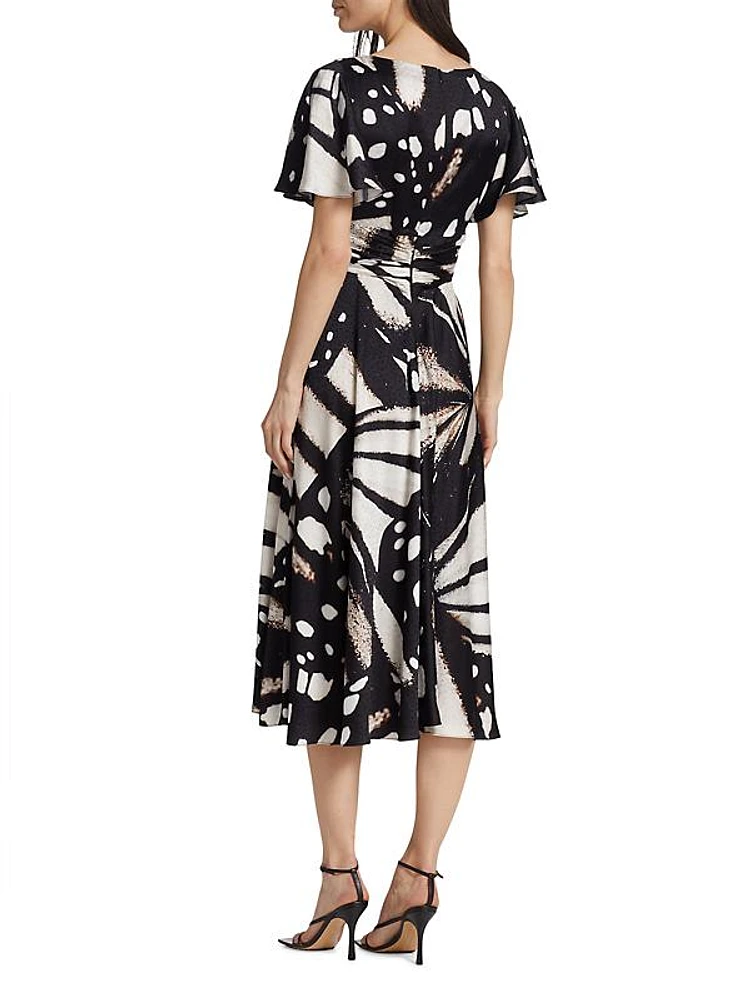 Jacquard Twisted Flutter-Sleeve Midi Dress