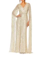 Embellished Cape-Sleeve Gown