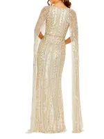 Embellished Cape-Sleeve Gown