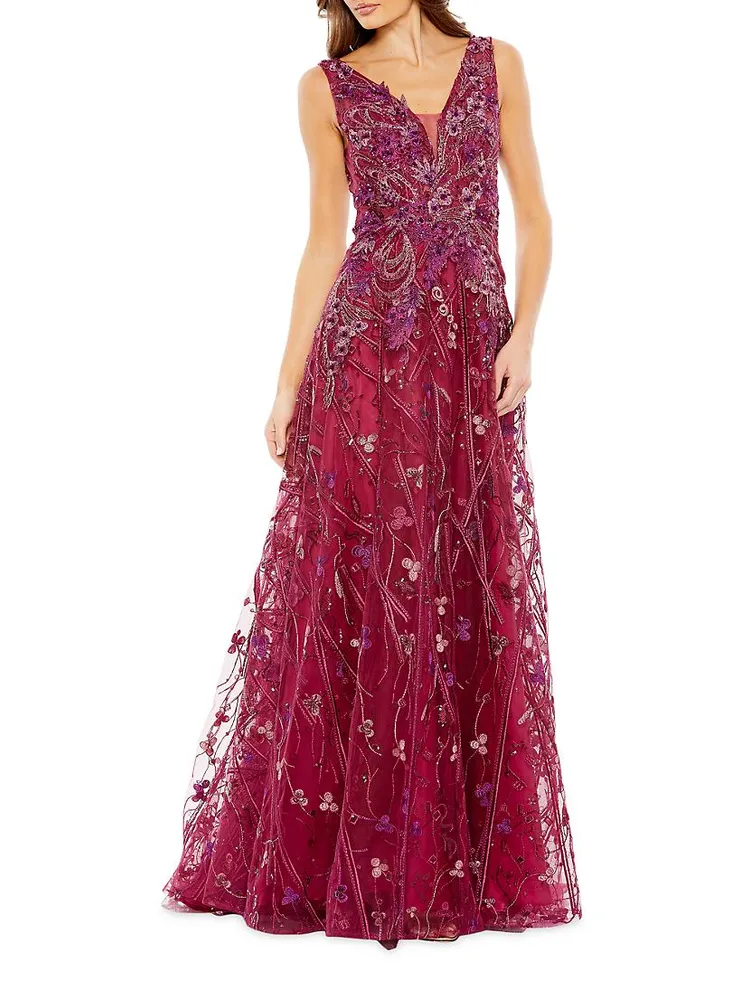 Embroidered Floral A-Line Gown