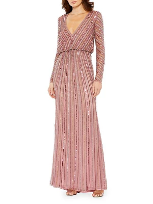 Sequined Long-Sleeve Column Gown