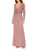 Sequined Long-Sleeve Column Gown
