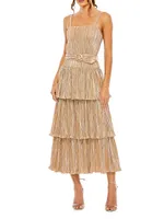 Belted Metallic Tiered Midi-Dress