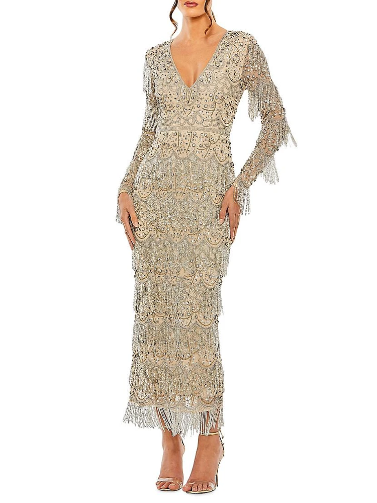 Fringe Crystal-Embellished Maxi Dress