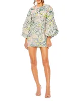 Floral Brocade Puff-Sleeve Minidress