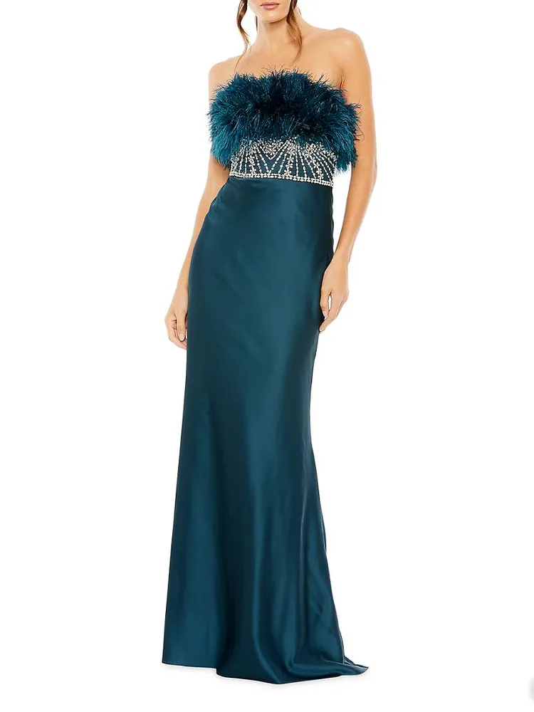 Feather Rhinestone Column Gown