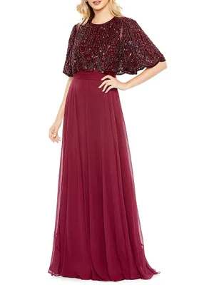 Embellished Flutter-Sleeve A-Line Gown