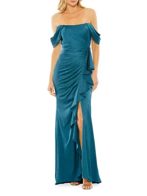 Off-The-Shoulder Draped Column Gown