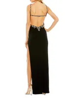 Bead-Embellished Open-Back Column Gown