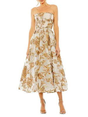 Strapless Brocade Midi-Dress