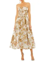 Strapless Brocade Midi-Dress