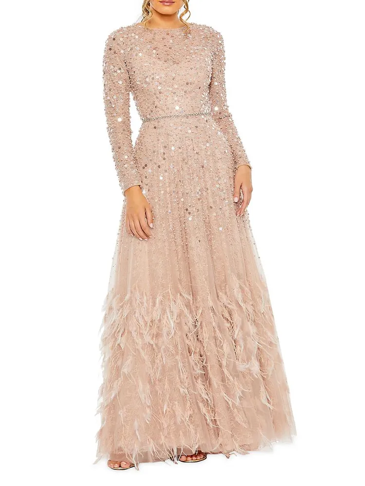 Sequin & Feather Embellished Gown