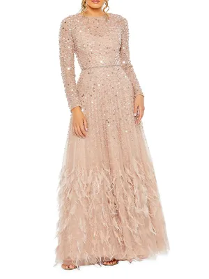 Sequin & Feather Embellished Gown