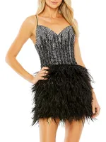 Sequin & Feather Embellished Minidress