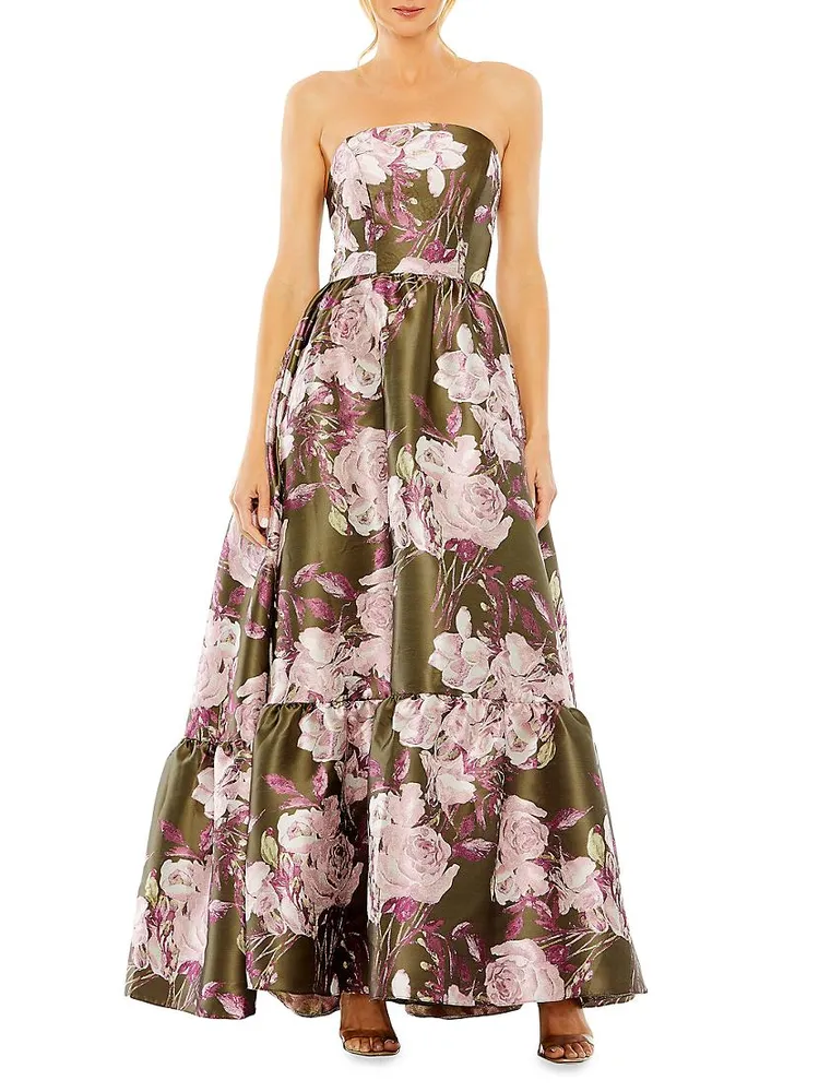 Floral Brocade Strapless Gown