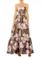 Floral Brocade Strapless Gown