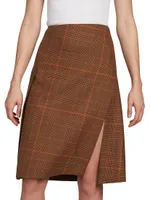 Plaid Wool Crossover Midi-Skirt