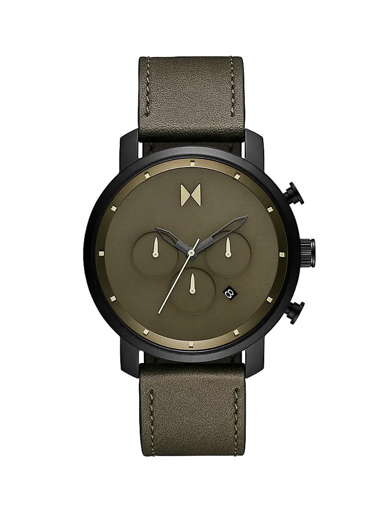 Chrono Stainless Steel & Leather Strap Watch