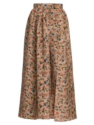Isabel Belted Garden-Print Silk Maxi Skirt