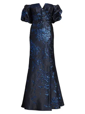 Jacquard Puff-Sleeve Fit-&-Flare Gown