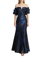 Jacquard Puff-Sleeve Fit-&-Flare Gown