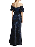 Jacquard Puff-Sleeve Fit-&-Flare Gown