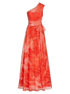 Printed Tulle One-Shoulder Tie-Waist Gown