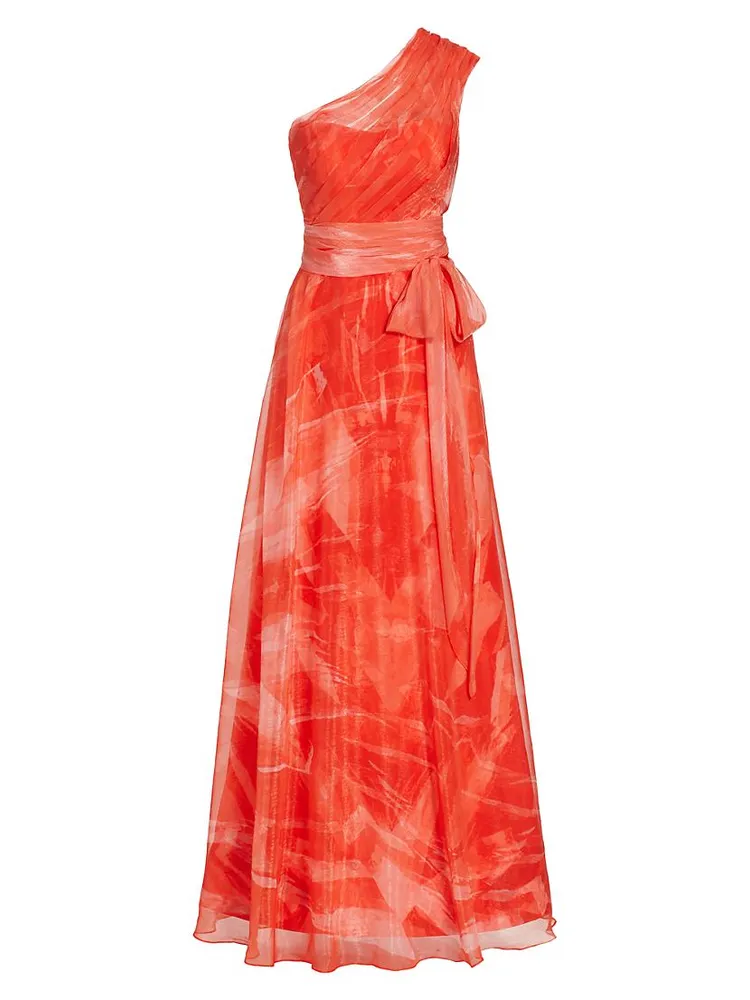 Printed Tulle One-Shoulder Tie-Waist Gown