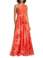 Printed Tulle One-Shoulder Tie-Waist Gown