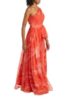 Printed Tulle One-Shoulder Tie-Waist Gown