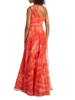 Printed Tulle One-Shoulder Tie-Waist Gown