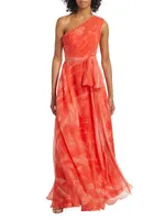 Printed Tulle One-Shoulder Tie-Waist Gown