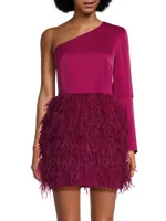 Asymmetric Feathered Satin Minidress