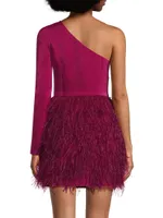 Asymmetric Feathered Satin Minidress