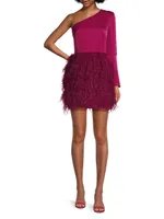 Asymmetric Feathered Satin Minidress