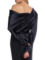 Satin Off-The-Shoulder Draped Gown