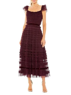 Flutter-Sleeve Tiered Ruffle Gown