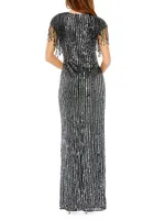 Embellished Fringe Cap-Sleeve Gown