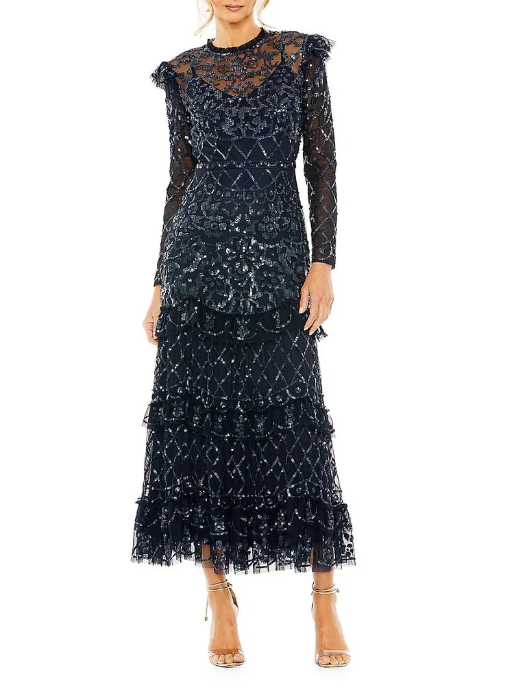 Embellished Tiered Long-Sleeve Gown