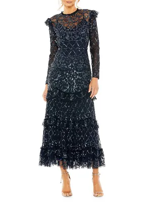 Embellished Tiered Long-Sleeve Gown