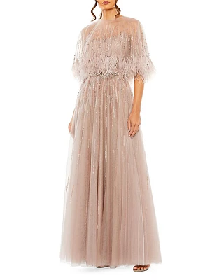 Embellished Feather CapeA-Line Gown