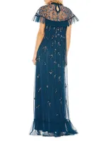 Embellished Flutter-Sleeve Gown